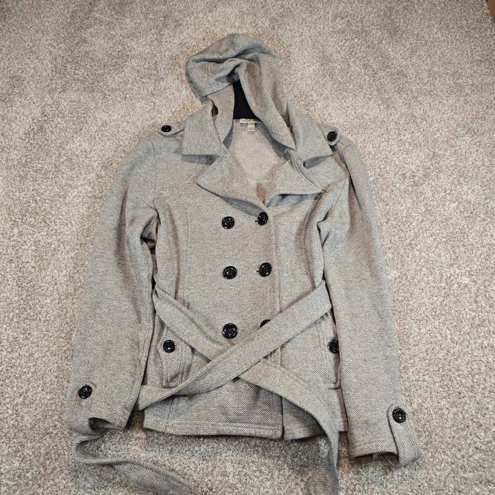 Dressbarn Gray Knit Double Breasted Hooded Pea Coat Belted Jacket XL